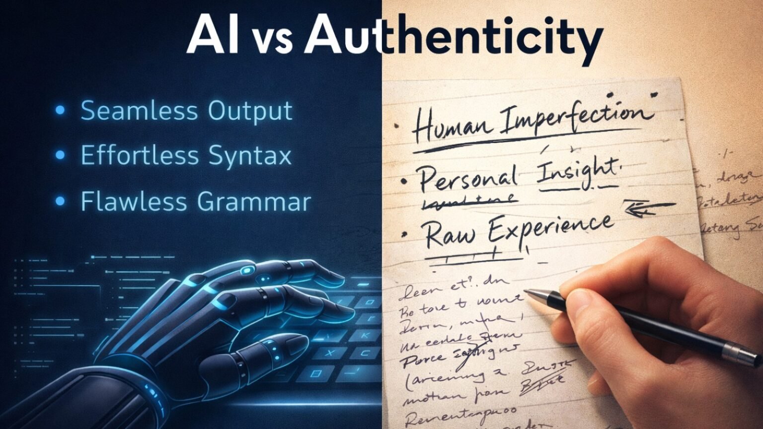 Conceptual contrast of AI generated perfection versus human imperfection illustrating AI vs Authenticity