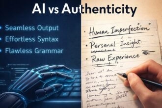 Conceptual contrast of AI generated perfection versus human imperfection illustrating AI vs Authenticity