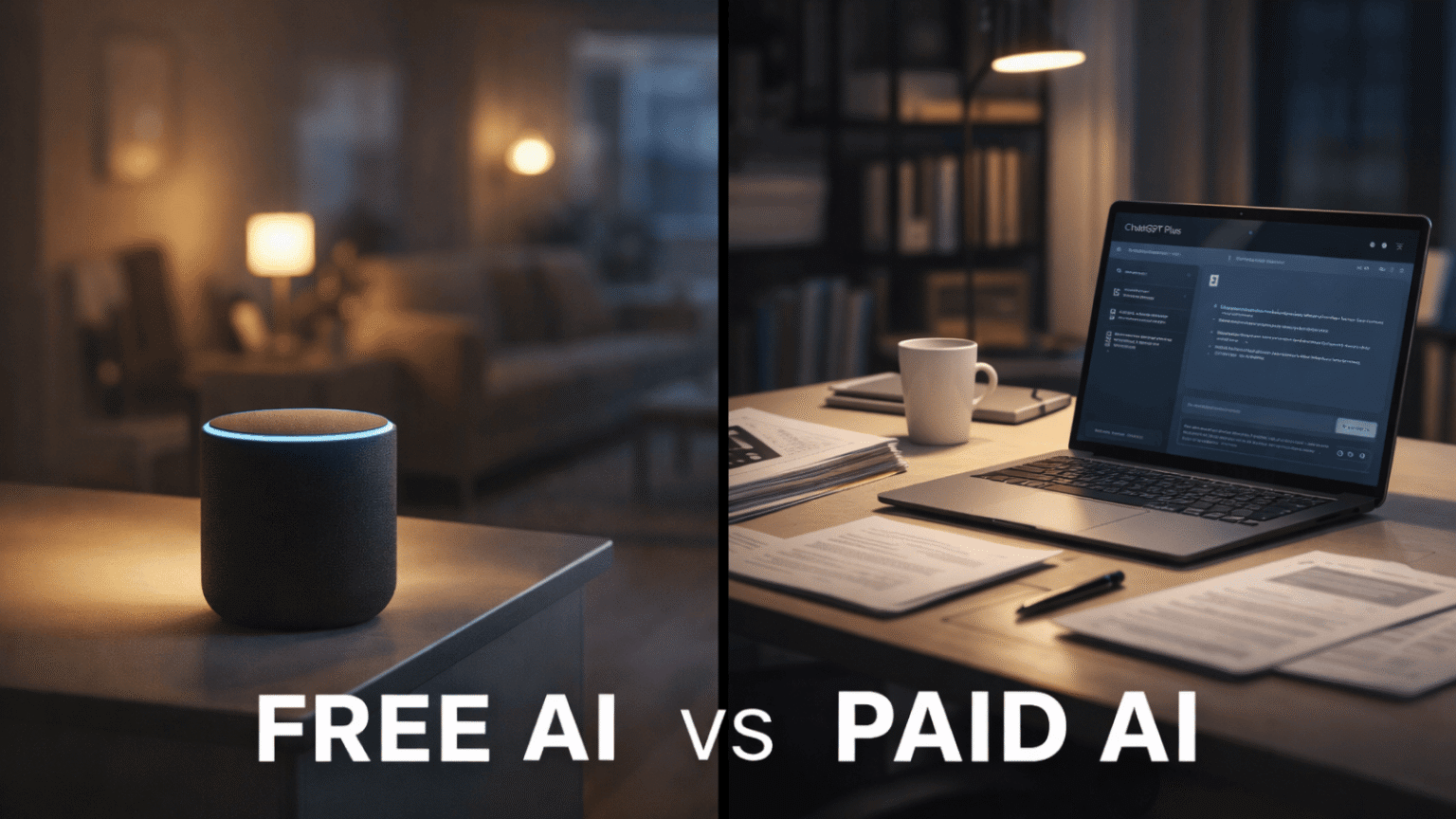 Alexa Plus vs ChatGPT Plus split-screen comparison showing free ambient AI and paid professional AI