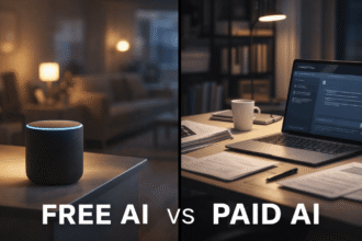 Alexa Plus vs ChatGPT Plus split-screen comparison showing free ambient AI and paid professional AI