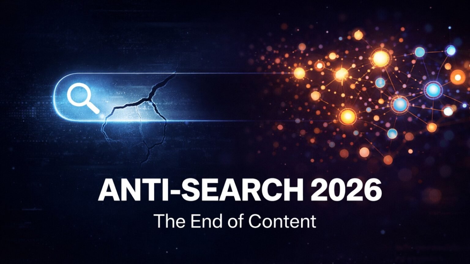Anti-Search 2026 concept showing broken search bar and shift toward human-led digital communities