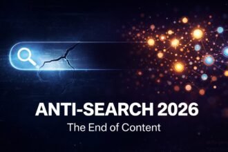 Anti-Search 2026 concept showing broken search bar and shift toward human-led digital communities