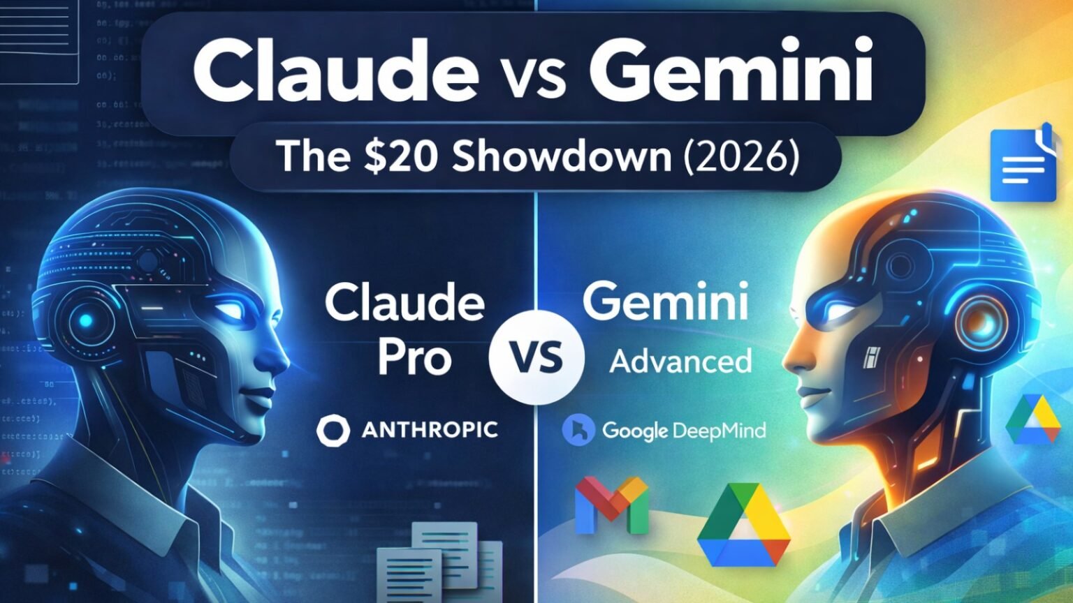 Claude Pro vs Gemini Advanced 2026 AI comparison showdown graphic
