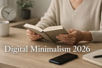 Person reading a physical book in a quiet room symbolizing Digital Minimalism 2026