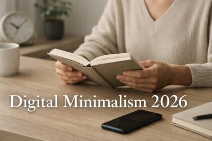 Person reading a physical book in a quiet room symbolizing Digital Minimalism 2026