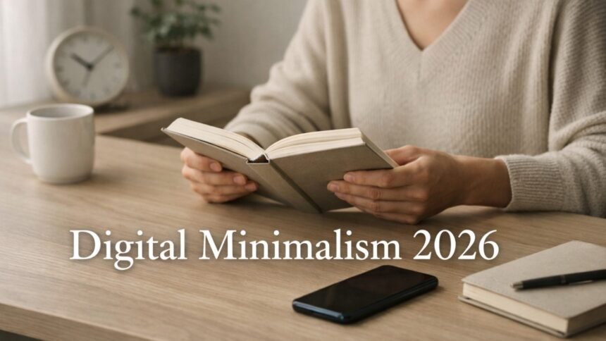 Person reading a physical book in a quiet room symbolizing Digital Minimalism 2026