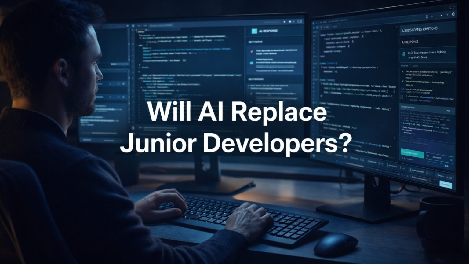 Developer working with AI coding assistant illustrating AI replace junior developers 2026 debate