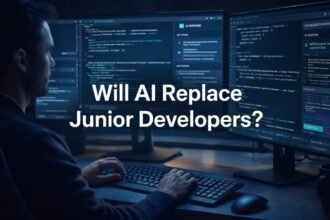 Developer working with AI coding assistant illustrating AI replace junior developers 2026 debate