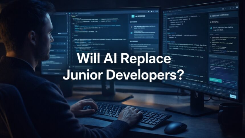 Developer working with AI coding assistant illustrating AI replace junior developers 2026 debate