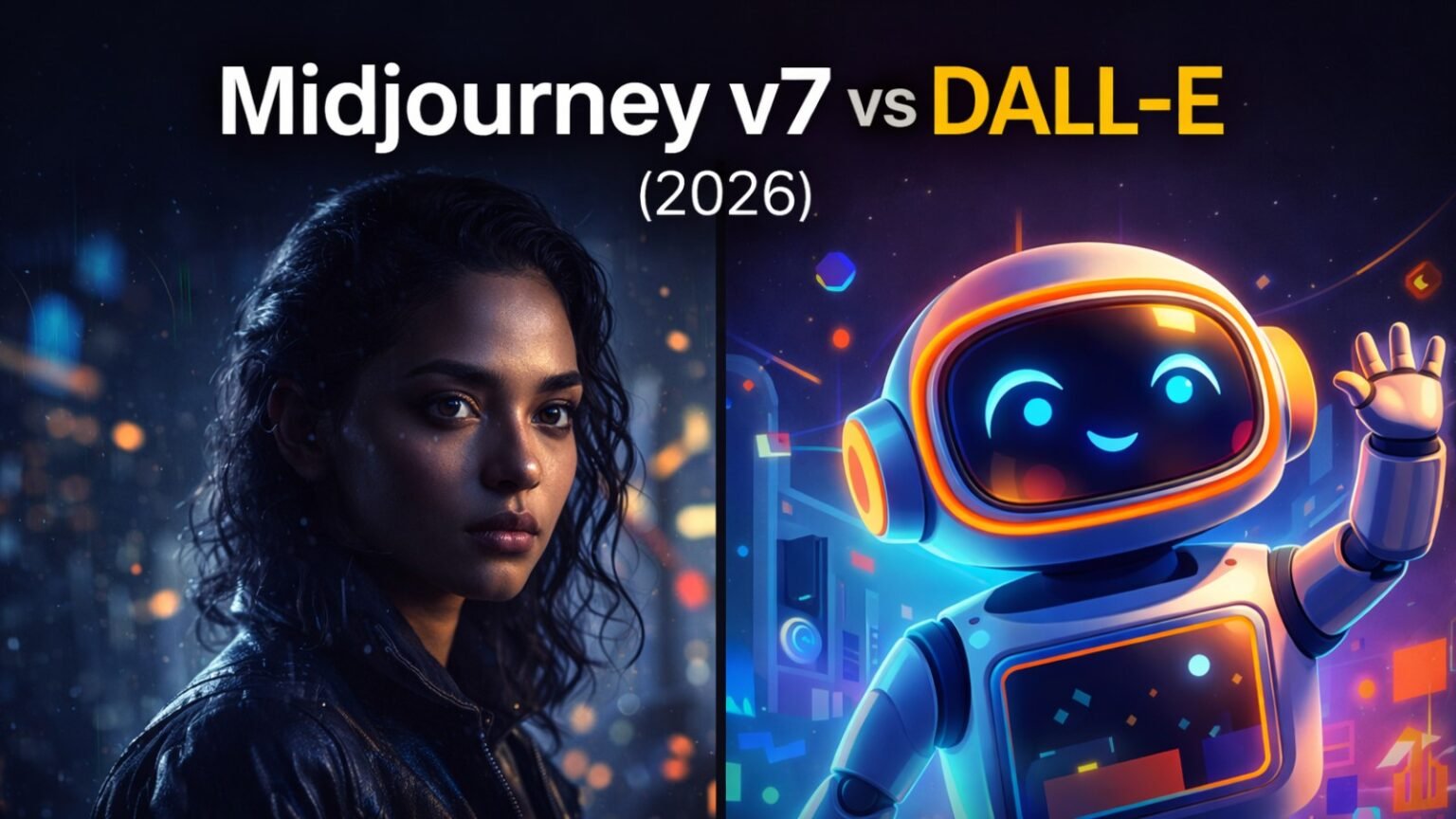 Midjourney v7 vs DALL-E 3 2026 comparison showing photorealistic portrait vs AI-generated illustration
