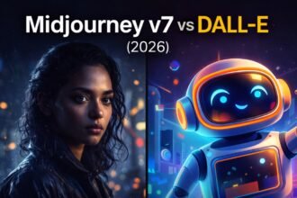 Midjourney v7 vs DALL-E 3 2026 comparison showing photorealistic portrait vs AI-generated illustration