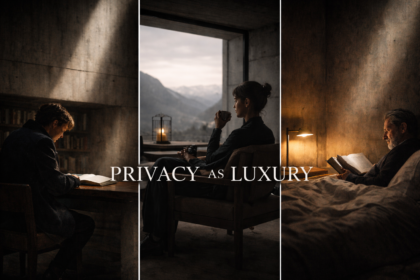 A solitary person in a minimalist, screen-free luxury space representing Privacy as Luxury