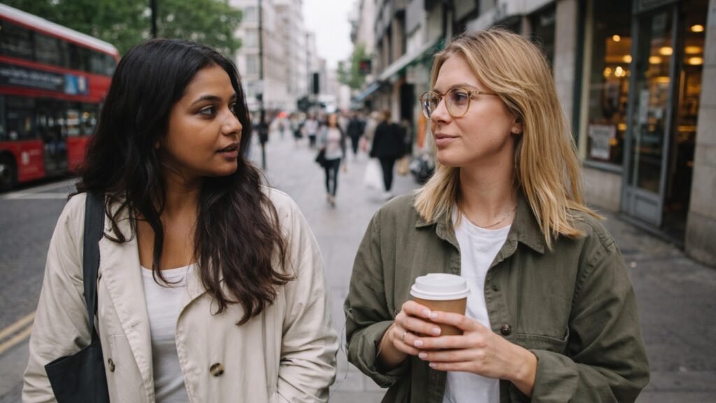 Two women having a trusted conversation while walking in a city street