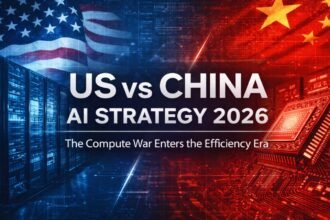 US vs China AI Strategy 2026 illustrating DeepSeek vs OpenAI and the global compute efficiency war