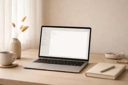Minimal desk workspace with open laptop — AI burnout knowledge worker 2026