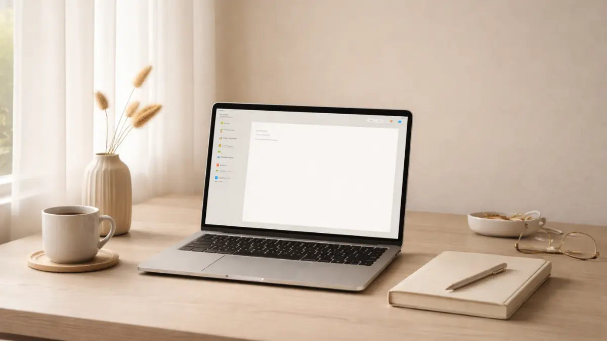 Minimal desk workspace with open laptop — AI burnout knowledge worker 2026