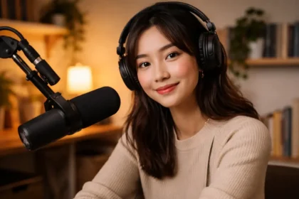 Creator recording intimate podcast episode representing attachment economy trust shift 2026