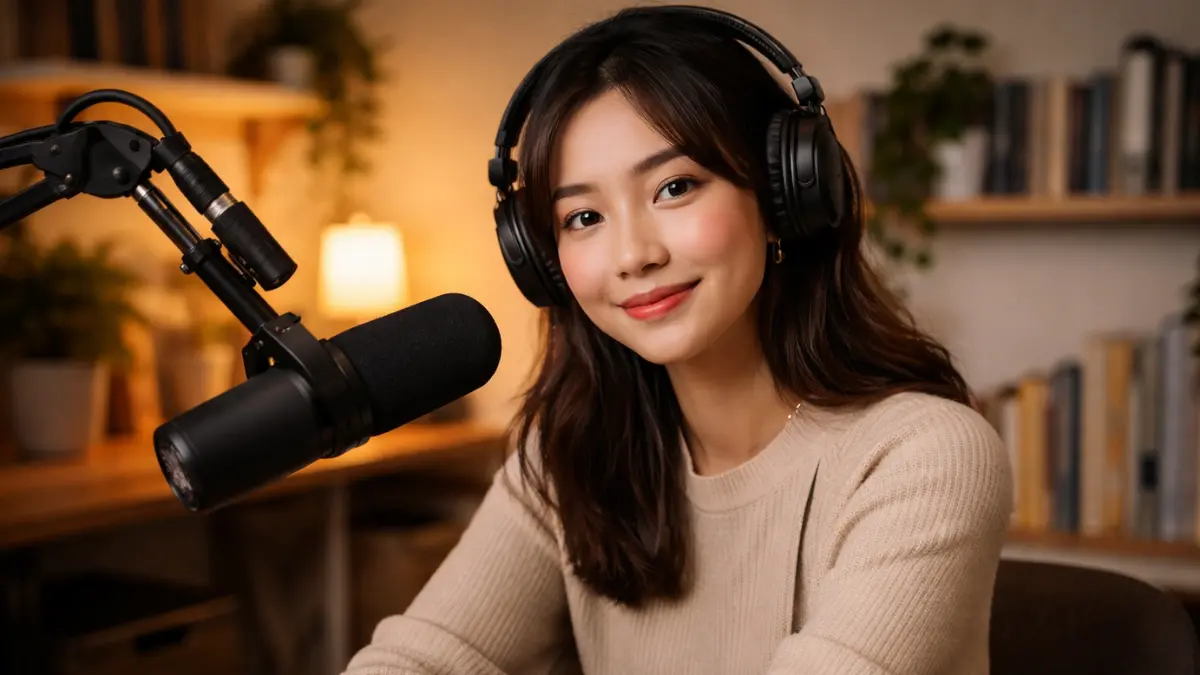 Creator recording intimate podcast episode representing attachment economy trust shift 2026