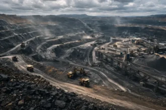 Industrial mining landscape aerial view — China critical minerals supply chain 2026