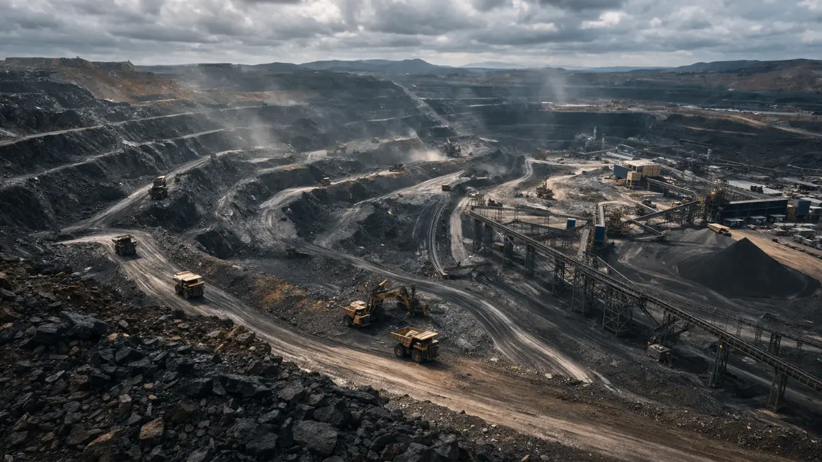 Industrial mining landscape aerial view — China critical minerals supply chain 2026