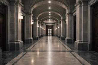 Empty government treasury corridor — defense spending fiscal consequences 2026