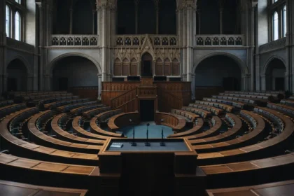 Empty parliament chamber representing Hungary election democratic governance 2026