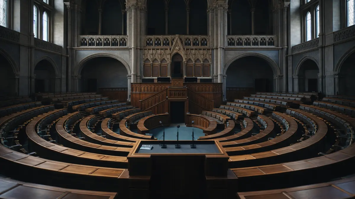 Empty parliament chamber representing Hungary election democratic governance 2026