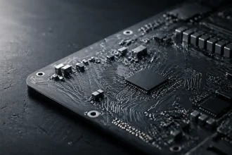 Abstract quantum circuit on dark surface — quantum encryption threat infrastructure 2026