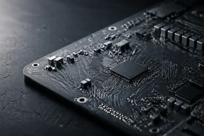 Abstract quantum circuit on dark surface — quantum encryption threat infrastructure 2026