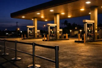 Energy rationing barriers at empty Southeast Asia fuel station amid crisis 2026