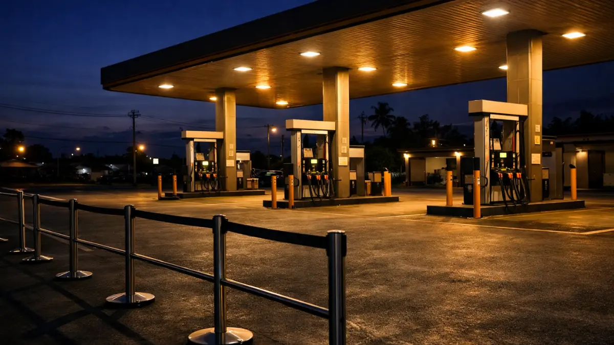 Energy rationing barriers at empty Southeast Asia fuel station amid crisis 2026