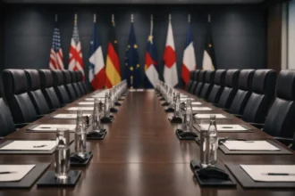 Empty diplomatic meeting room with flags — Trump Xi summit Beijing 2026