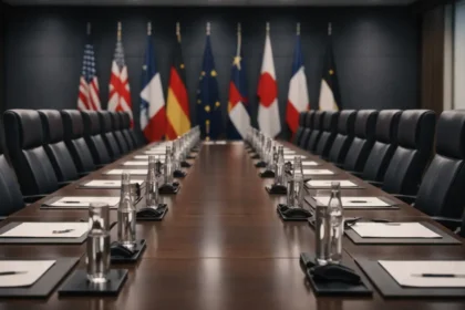 Empty diplomatic meeting room with flags — Trump Xi summit Beijing 2026