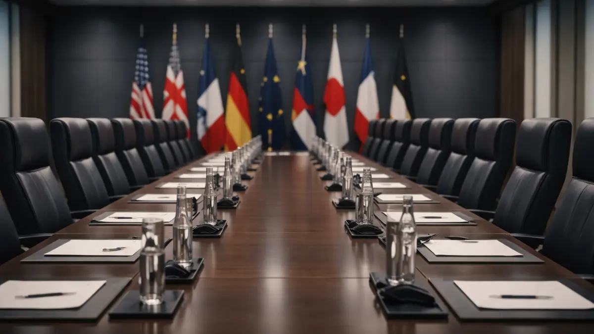Empty diplomatic meeting room with flags — Trump Xi summit Beijing 2026