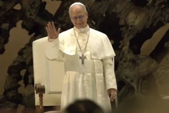 Pope Leo XIV during Vatican media audience amid controversy over Trump criticism