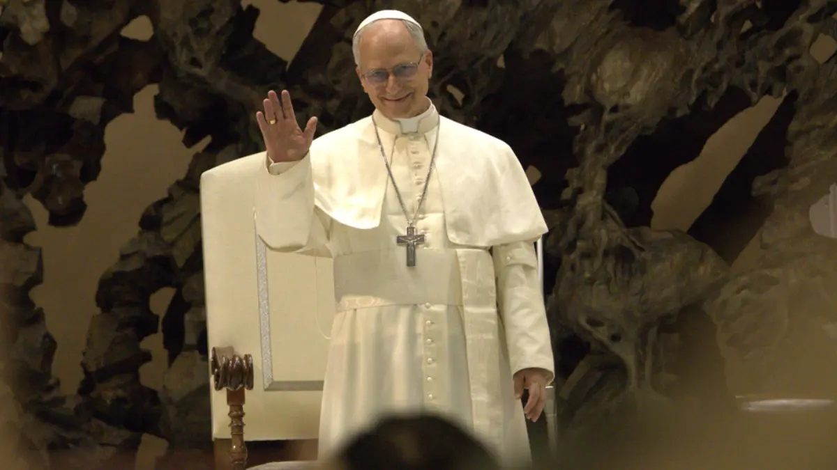 Pope Leo XIV during Vatican media audience amid controversy over Trump criticism